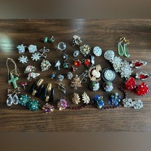 vintage jewelry bundle! pins, beads, clip on earrings!